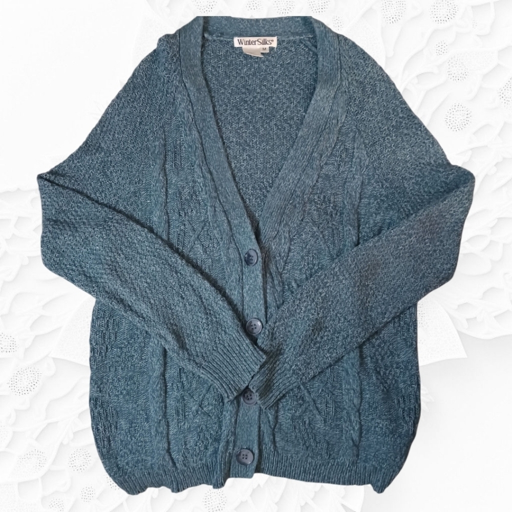 Winter Silks Blue 100% Silk Heavy Weight Cable Knit Cardigan NWOT - Picture 2 of 2